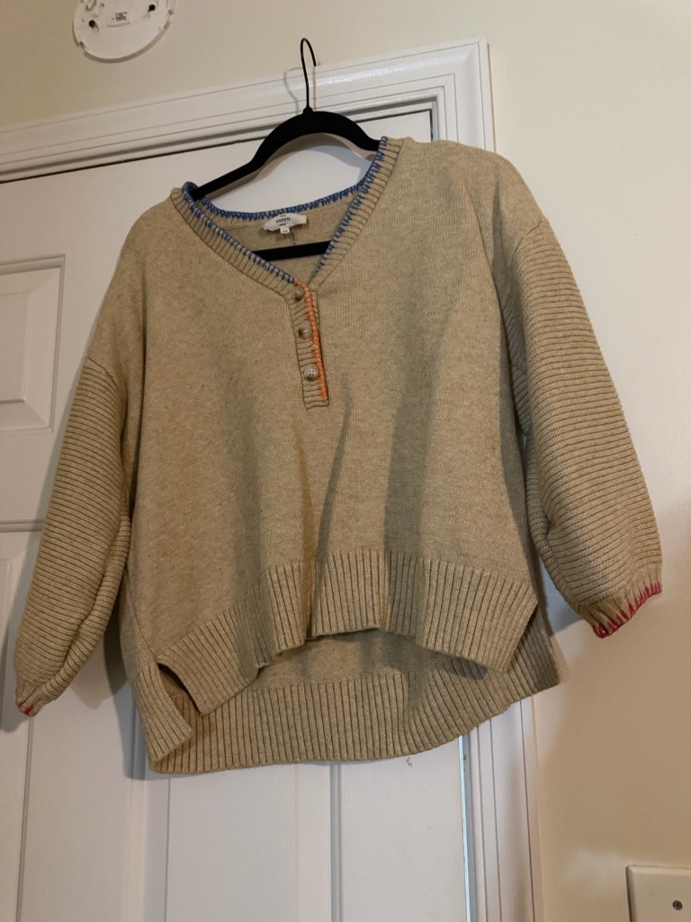 entro Beige Scoop-Neck Sweater with Blue and Orange Trim